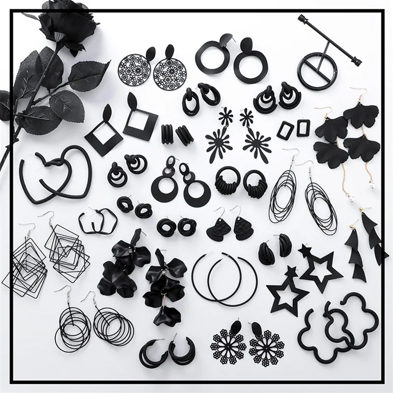 Корейские ретро черные акриловые коллекционные крупные серьги в виде цветов