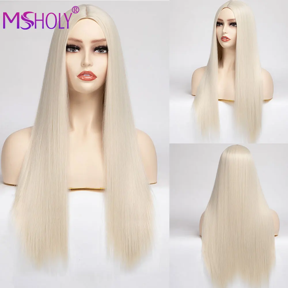 Long Straight Black Wig Synthetic Hair Wig With Bangs Red Burgundy Pink Ombre 613 Blonde Long Hair Wigs for Women Msholy