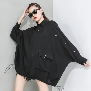 

QING MO Black White Women Batwing Sleeve Blouse 2020 Women Drawstring Blouse Female Turn-down Collar Full Sleeeve Blouse ZQY3125