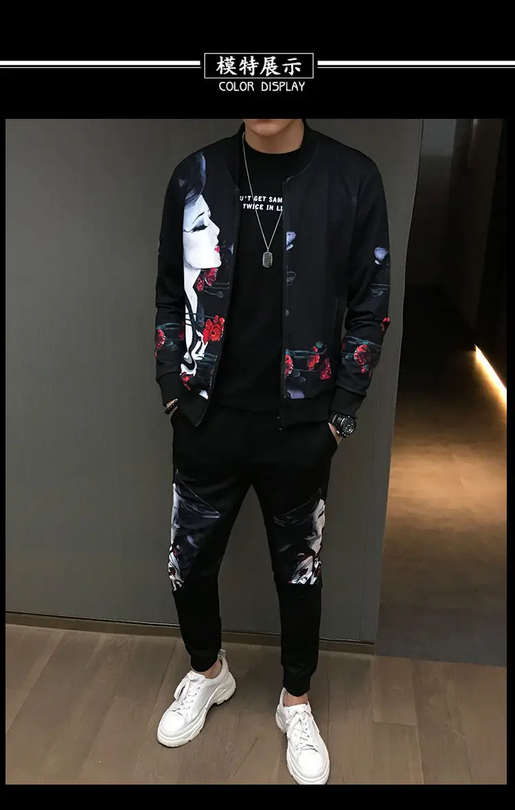 Society Trend Slim Fit Mens Set Coat Zipper Autumn Sportswear Print Casual Tracksuit Man Sweatshirt Man Jacket Plus Velvet