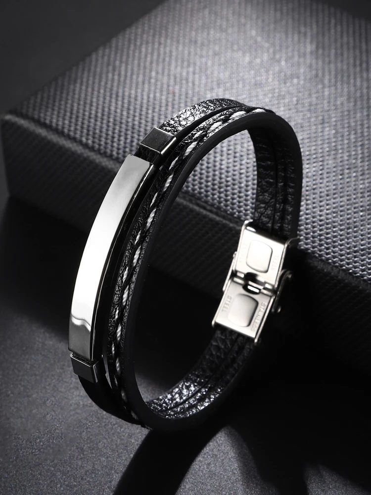Engraved Name Genuine Leather Bracelet Double Layer Design Black Golden Stainless Steel for Men Punk Jewelry Gift Free Shipping - Image 6