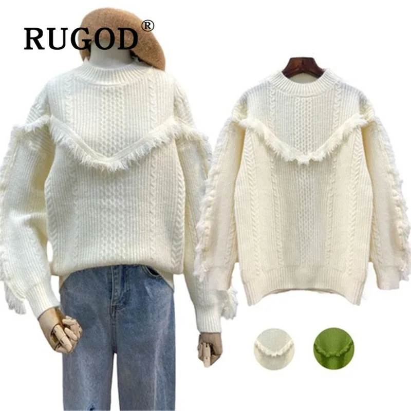 RUGOD Одноцветный пуловер с кисточками и круглым вырезом, джемпер, свитер, зимние топы для женщин, элегантный корейский стиль, мода