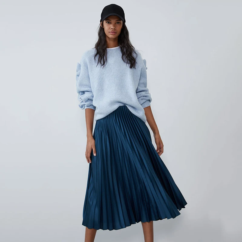 

2019 ZA Sweater Autumn and Winter New Women Fashion Round Neck Long Sleeve Ruffle Casual Loose Blue Sweater Hot Sales Wholesale