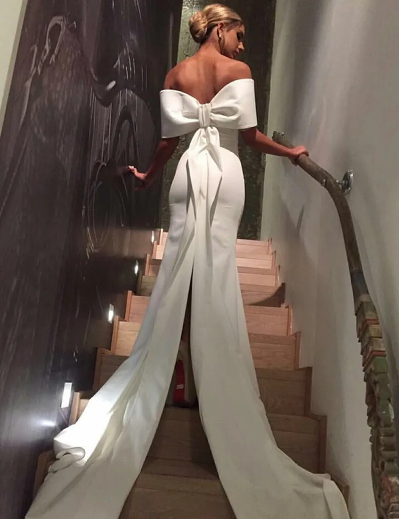 Vestido de noiva арабское белое длинное официальное прямое с открытыми плечами сексуальное платье подружки невесты с низким вырезом на спине и бантом