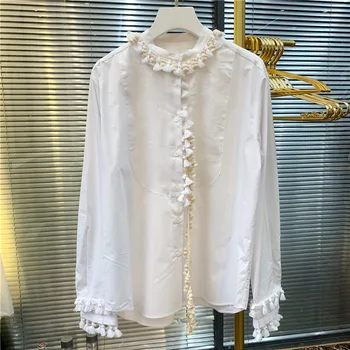 

New Women Long Sleeve Shirt Sweet Tassels Decoration Laides Blouse Casual Spring Female White Shirts Top