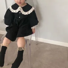 Весна-Осень, корейское кружевное платье с отворотом для маленьких девочек, детское свободное платье принцессы с длинным рукавом