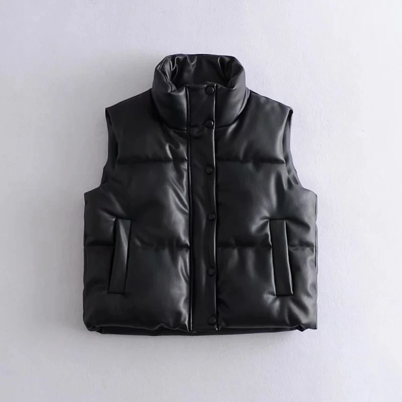 Womens Puffy Vest Down Vest Black Pu Leather Vest Woman Jacket Coat Autumn Winter Outwear Puffer Vest Female  Sleeveless Jacket women's puffer jacket