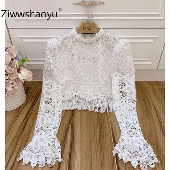 

Ziwwshaoyu Elegant White Hollow Out Embroidery Manual Shell Tassel Trumpet Sleeve Spring Summer Blouse Shirt Women's