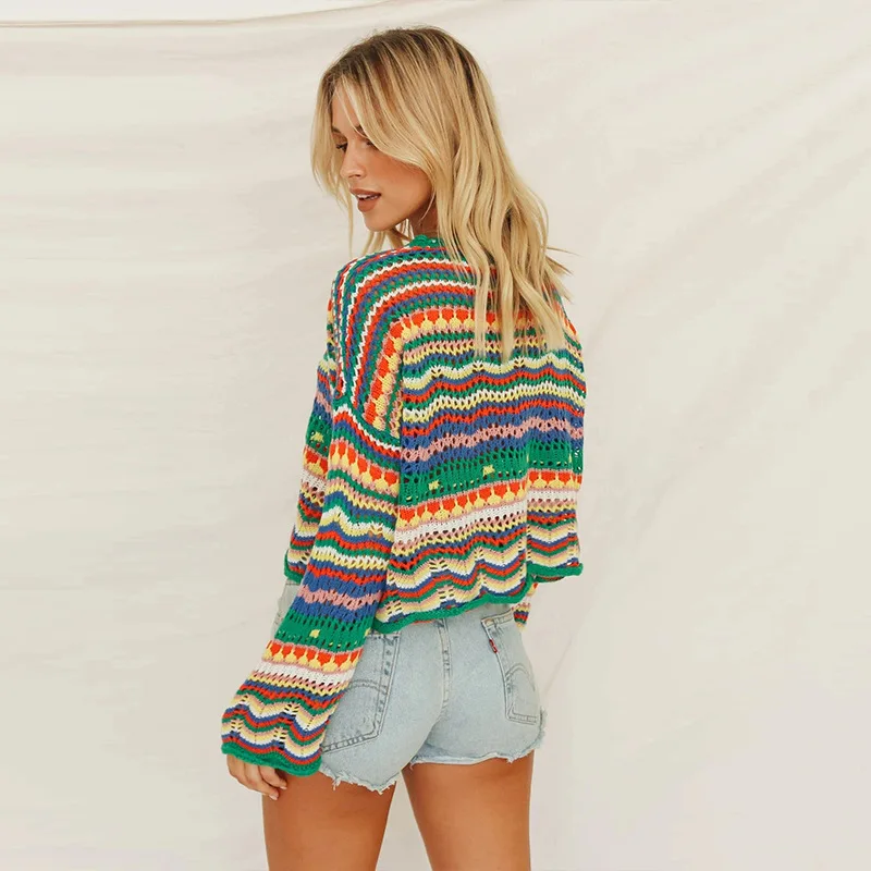 Waliicorners Sweater Women Pullover Rainbow Striped Patchwork Loose Jumper Knitted Women Sweater Top Female Knittwear 15 H67a6da7d65884ed0bfef04aa79aeb91dv