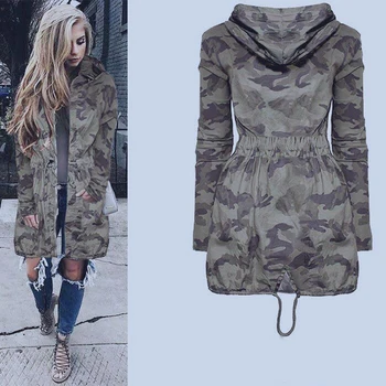 

Fashion Drawstring Zipper Slim Hooded Jacket Women Camouflage Long Coat Female Casual Hooded Jacket Coat Hip Hop Camo Outwear