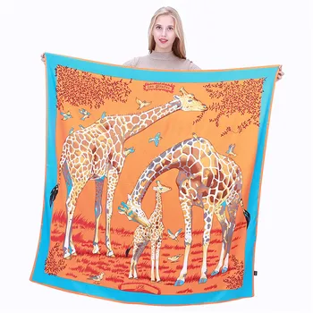 

Popular twill silk lady silk scarf 130cm square towel giraffe printed shawl scarf