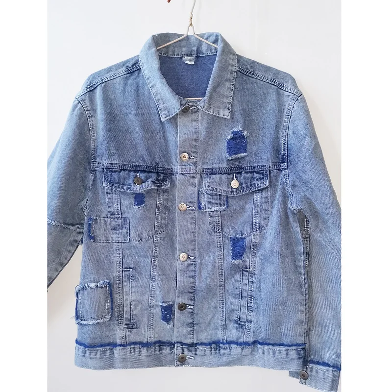 

Plus Size 5XL-M Men Jean Jackets Light Blue Hole Patchwork New Spring Denim Jackets Coats Male High Quality Casual Jean Coats