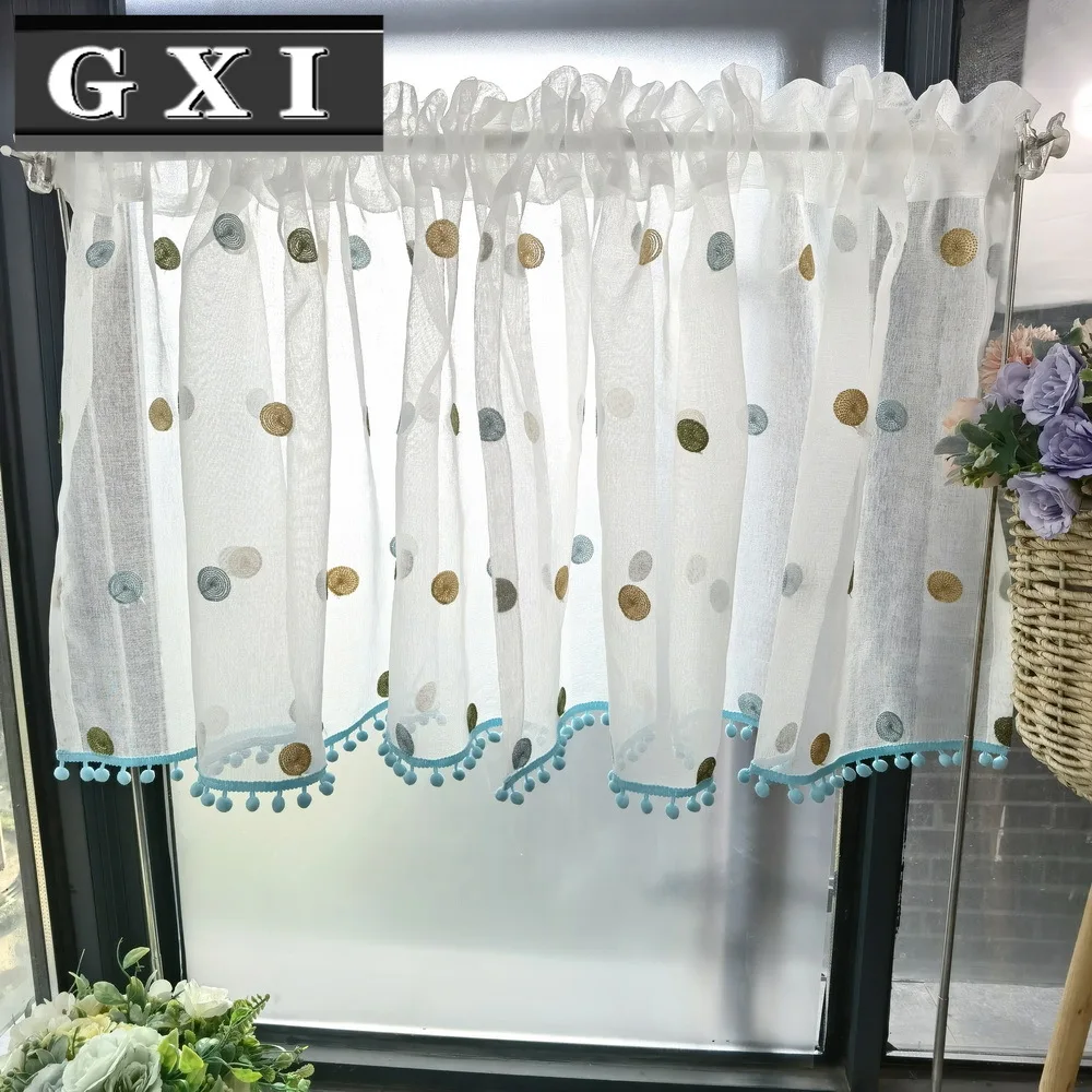 Colorful Circle Embroidery Half Sheer Curtains For Living Room Kitchen Short Voile Cafe Cabinet Drapes Blinds | Дом и сад