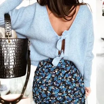 

Super Chic Bow Women Sweater Solid Color Loose Mohair Knitted Pullover Top