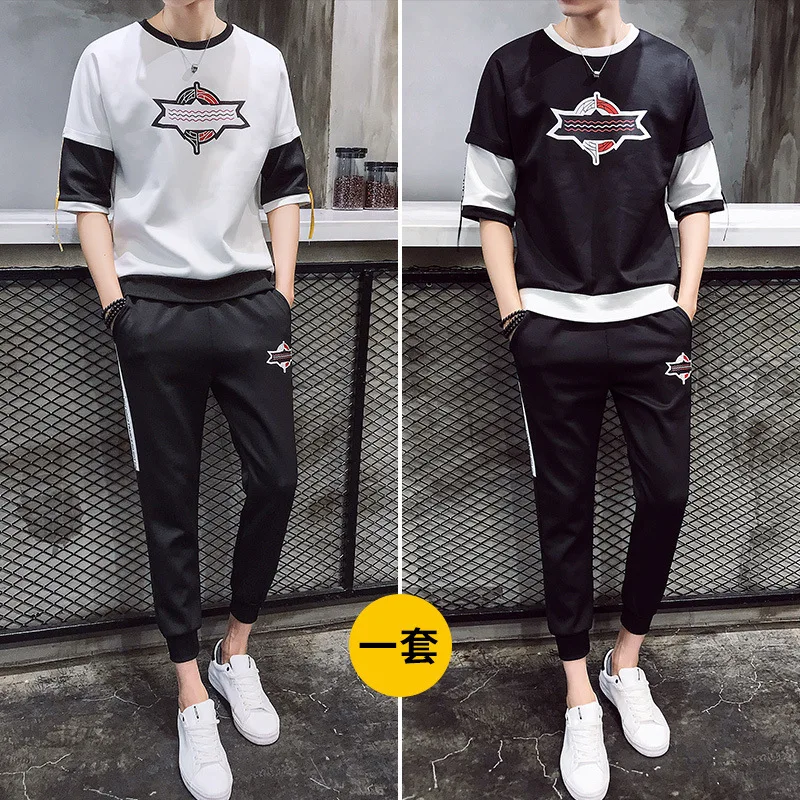 

MEN'S Wear Summer Sports Leisure Suit Korean-style Trend Handsome a Set of Short Sleeve T-shirt Collocation Capri Pants Two-Piec