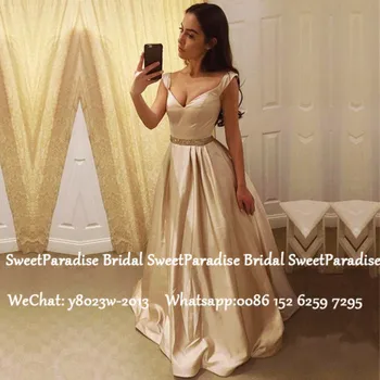 

Champagne Satin Long Prom Dresses With Beads 2020 Sexy Deep V Beck A Line Formal Evening Dress Vestido De Festa