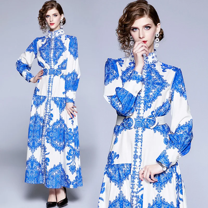 

3720 Australia Rich Lady 2019 Retro Loose-Fit Abstract Printed Long Sleeve Big Hemline Dress Blue