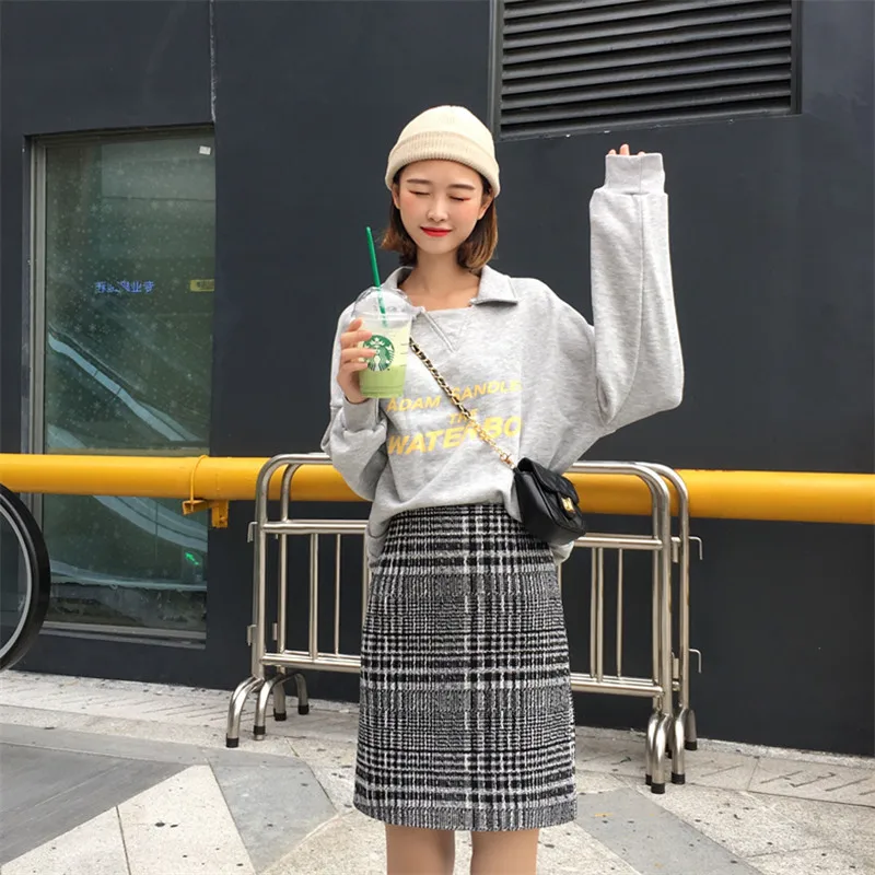 Thicken Vintage High Waist Pink Wool Autumn Winter Skirt Female Korean Sweet Mini Plaid Falda Mujer A Line School Women Skirts