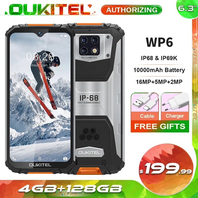 OUKITEL WP6 4GB+128GB 6.3 FHD+ IP68 Waterproof Mobile Phone 16MP Triple Cameras 10000mAh