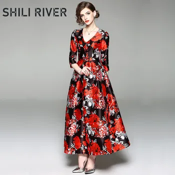 

New spring summer ankle length dress for women a line slim casual elegant vintage red floral print flower V neck long full dress