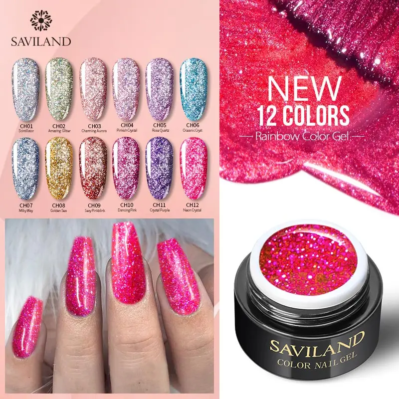 

SAVILAND Shiny Rainbow Nail Gel Super Glitter 8ML Holographic Hybird UV Polish Nail Lacquer Primer Nail Trends