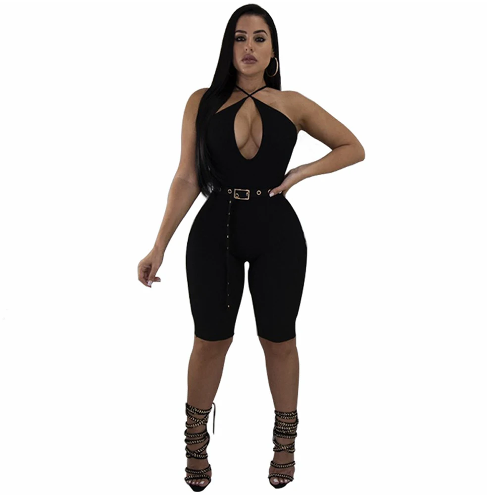 

Sexy V Neck Spaghetti Strap Summer Short Rompers Womens Elegant Jumpsuit Backless Belted Club Wear Bodycon Playsuit Female