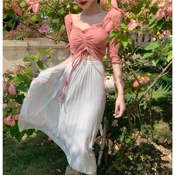 

Women 2020 Summer Drawstring Short Tops +Mesh Skirts Suits Female V-Neck Solid Tops Skirt Sets Elegant Ladies Two Piece Set L296