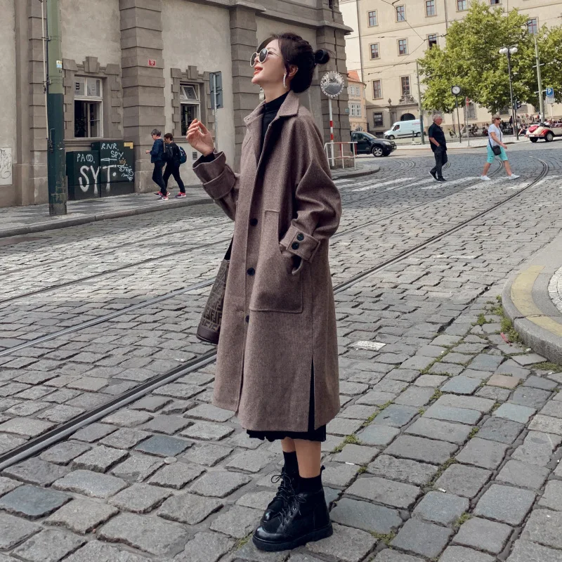 

Photo Shoot 2019 Autumn And Winter Mid-length Retro Coffee Color Lattice Single Breasted Fold-down Collar Straight-Cut Wool Wool