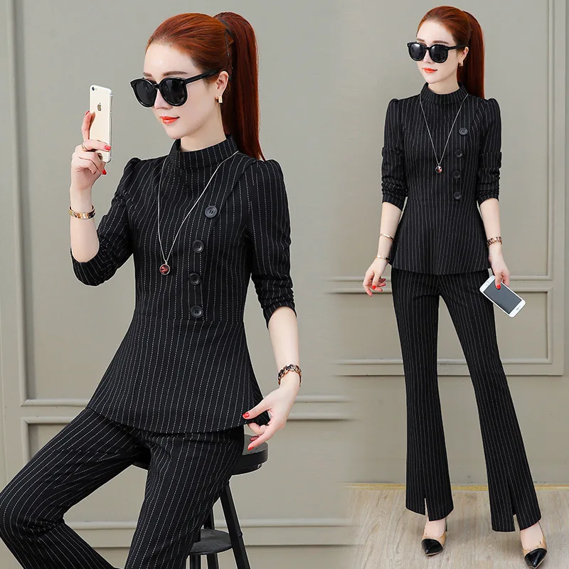 

2020 Spring Clothing New Style Korean-style Fashion Bell-bottom Pants WOMEN'S Suit Waist Hugging Elegant Slimming Stripes Goddes