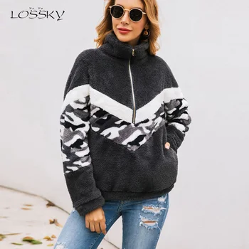 

Lossky Sweatshirts Woman Patcwork Print Faux Fur Fluffy Teddy Pullovers Top Female Autumn Winter Drawstring Preppy Lady Clothing