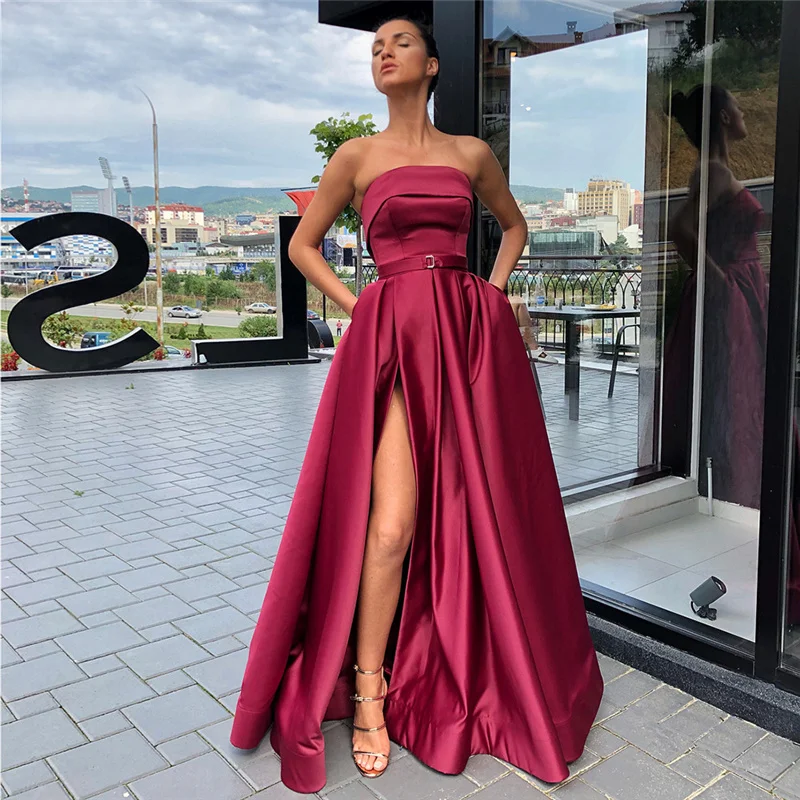 gold evening gowns Off Shoulder Simple Evening Dresses Long Side Split Corset Back Floor Length Satin Party Gowns Prom Dress Vestido De Festa ball gown