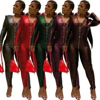 

Wjustforu Hollow Out Sexy Club Leather Jumpsuit Women PU Skinny Leather Tight-fitting Lapel Zipper Jumpsuit Overalls Vestidos