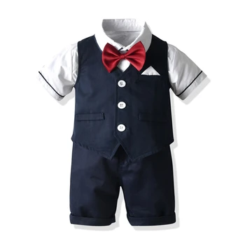 

Baby Boys Gentleman Clothes Sets Kids Fashion Suit Red Tie Bow 1-6 Years Boy Clothes Vest +Shirt +Shorts 3Pcs Party Costume