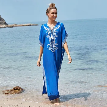 

Beachwear For Women Swimsuit Coverup Cover Ups Cover-Ups New Blue Cotton Embroidered Robes Beach Blouses Dress Female Animal