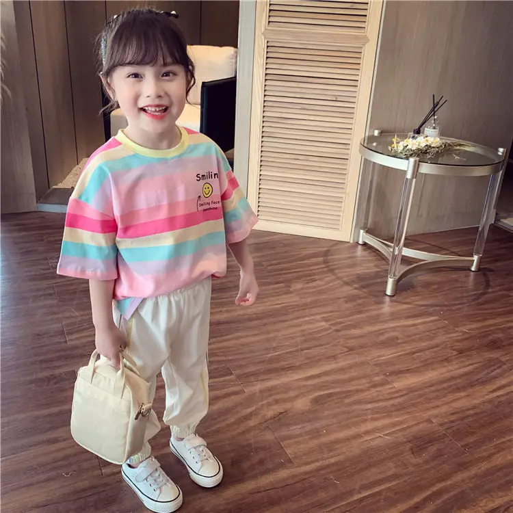 supreme shirt Girls short sleeve T-shirt summer smile face children's leisure half sleeve cotton t-shirts children's striped tees P5156 vintage t shirts