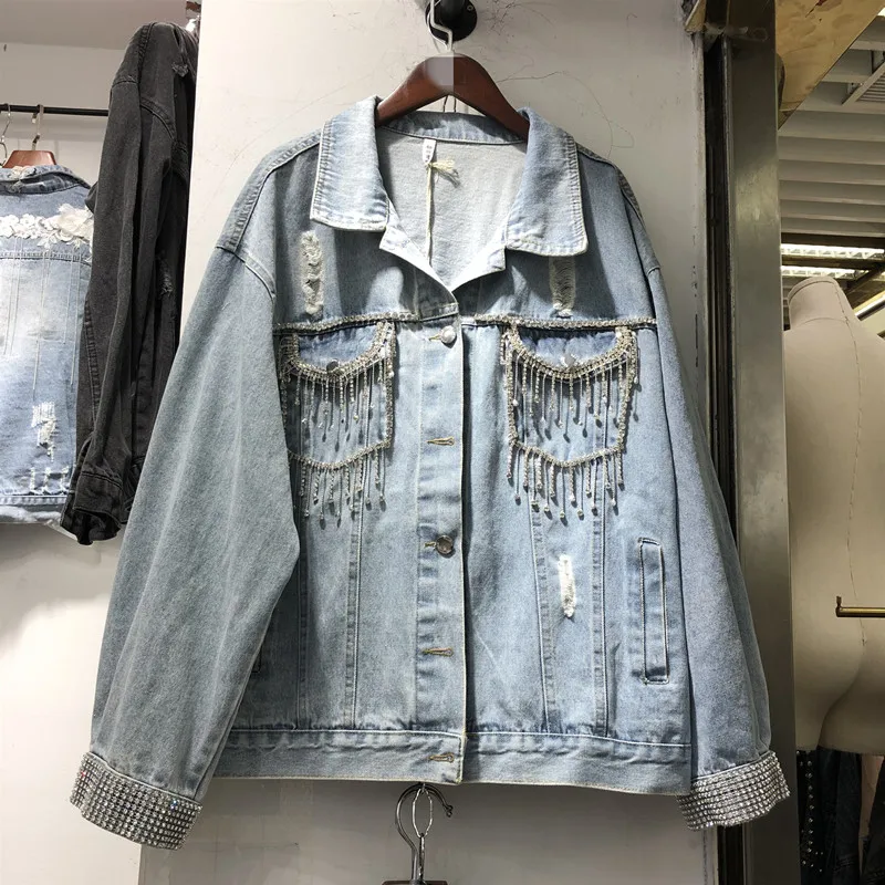 

Denim Jacket Woman 2010 Spring Summer New Fashion Heavy Beaded Fringe Loose-Fit Denim Jacket Women's Village Blue Denim Coat