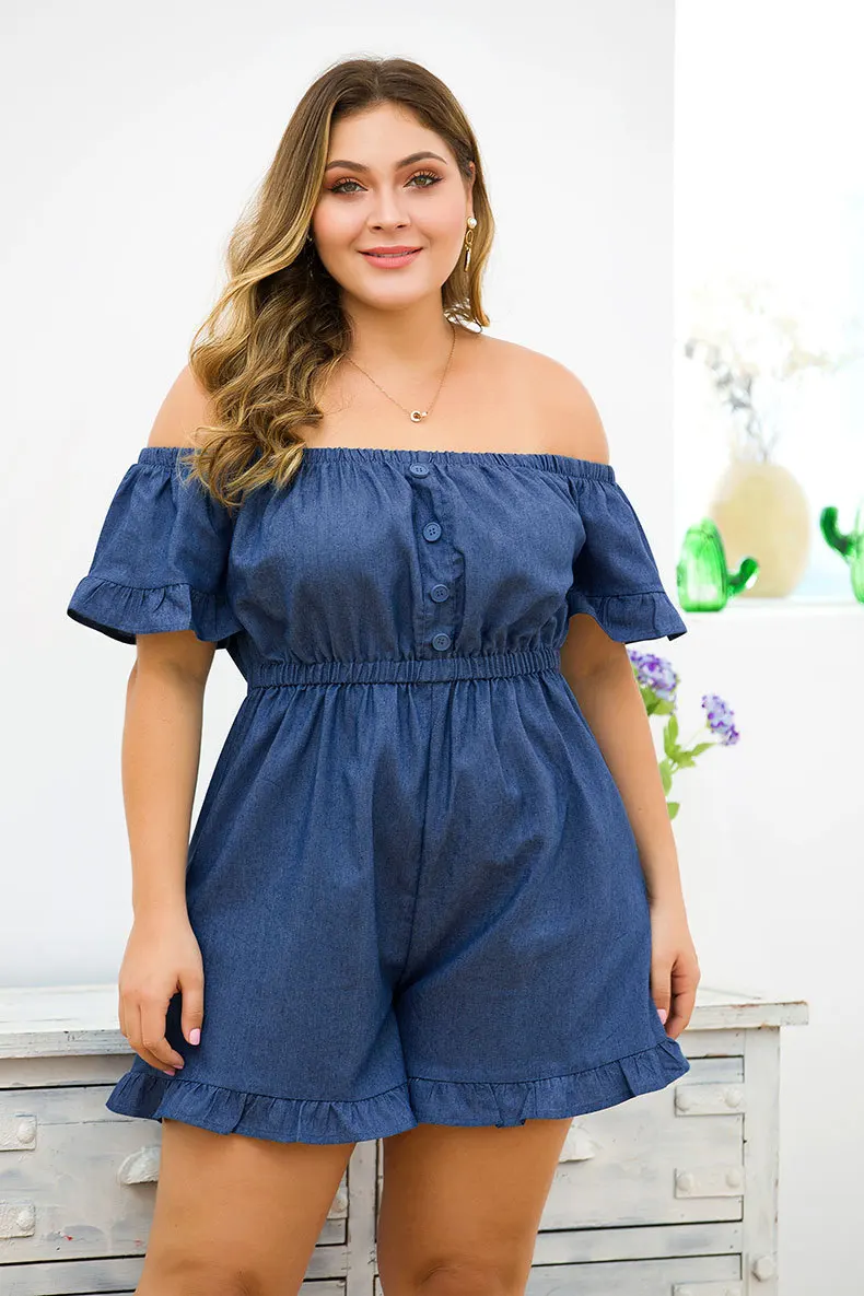 

Sexy One Shoulder Short Sleeve High Waist Jumpsuit For Women Wide-legged Cowboy With Wooden Ear Jumpsuits Summer 2019 THXDOLL