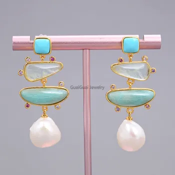 

GG Jewelry Freshwater White Pearl Blue Turquoise Green Amazonite Dangle Stud Earrings