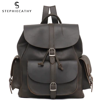

SC Retro Crazy Horse Leather Backpack Women Casual Functional Pockets Flap Shoulder Bags Drawstring Female Real Leather Knapsack