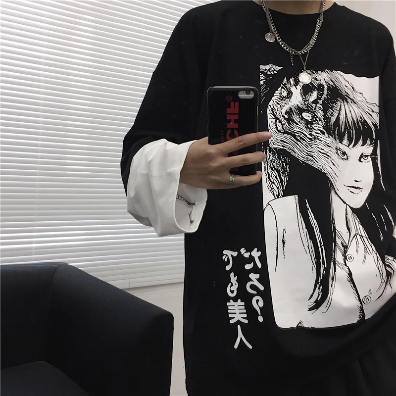 Осень ins Harajuku винтажный Темный буквенный принт поддельный из двух частей готический панк свободный с длинным рукавом Повседневный женский хип-хоп bf Толстовка