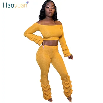 

ZOOEFFBB Sexy Ruched Two Piece Set Women Clother Off Shoulder Long Sleeve Crop Top and Pant Suits Birthday Outfits Matching Sets