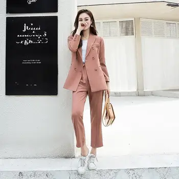 

Office Lady Solid Casual 2 Pieces Set Elegant Long Sleeve Notched 2 Pieces Outfits Loose Lace Up Pockets Women's Set