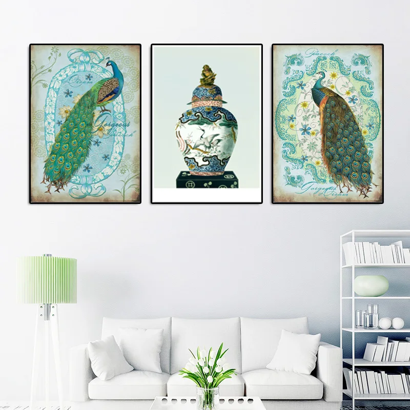 

Beautiful Peacocks And Vintage Vase Canvas Painting Minimalism Posters And Prints Wall Pictures For Living Room Decoration