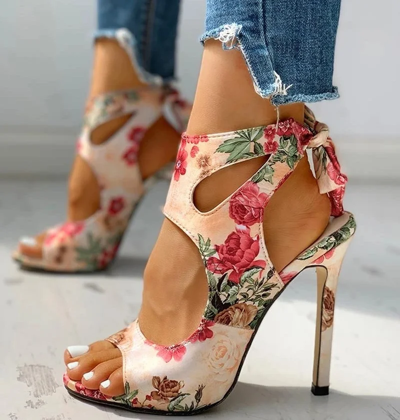 New Leather Flower Print Women's High Heels Sandals Fashion Sexy Summer Ladies Casual Rear Lace-up Stiletto Peep Toe Dress Pump