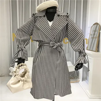 

women long coat Plaid Casual Turn-down Collar Adjustable Waist Long Belt Slim womens trench coat 2020 spring
