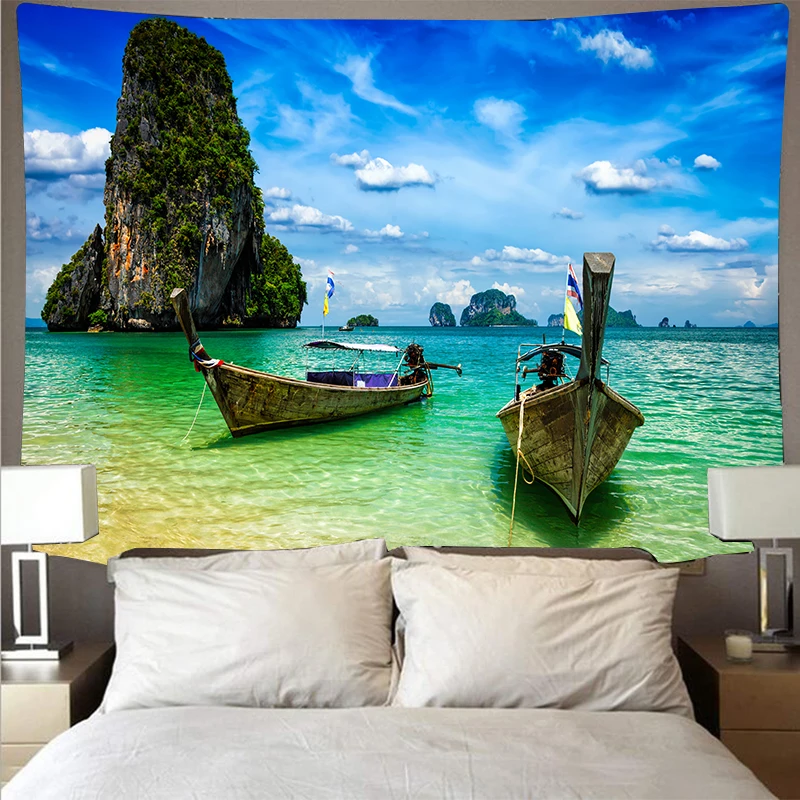 Sea Beach Blue Sky Landscape Tapestry Polyester Wall Cloth Art Tapestry Hippie Wall Hanging Beach Towel Home Decor tapestry decor