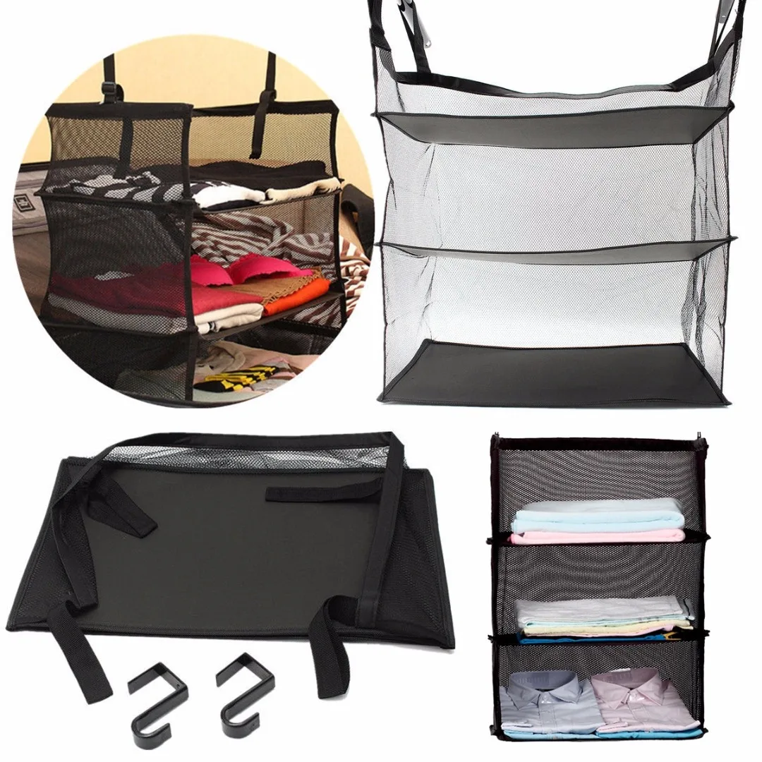 JX-LCLYL 3 Tier Collapsible Hanging Organizer Closet Luggage Clothes Bag Shelf Storage