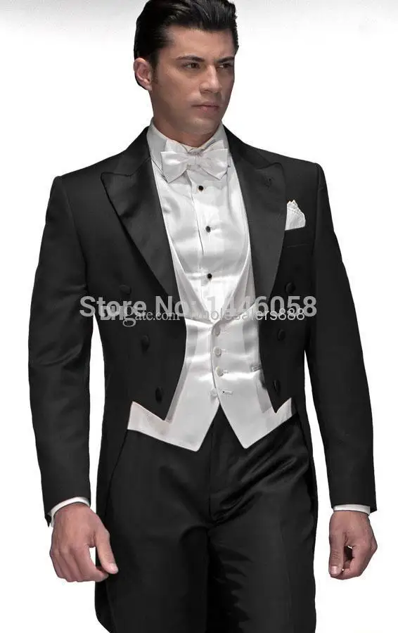 

2018 Italian Tailcoat Black Groom Tuxedos Peak Lapel Best Man Groomsman Men Wedding Suits Bridegroom (Jacket+Pants+Bow+Vest)