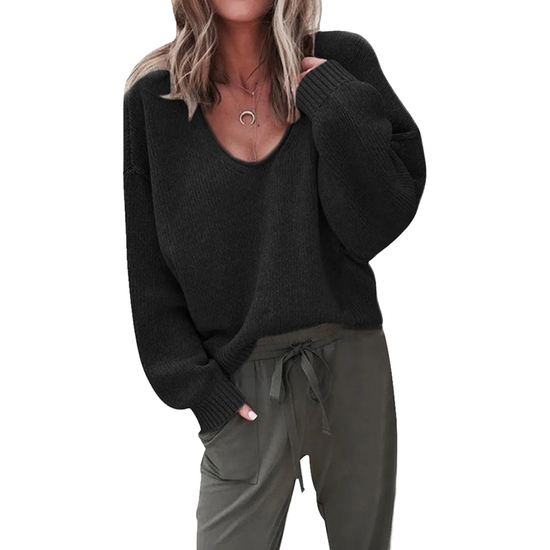 SHUJIN Для женщин Повседневное вязаный свитер с v-образной горловиной и длинными рукавами пуловеры для свободные однотонной осень-зима женские Модные Теплые Топы