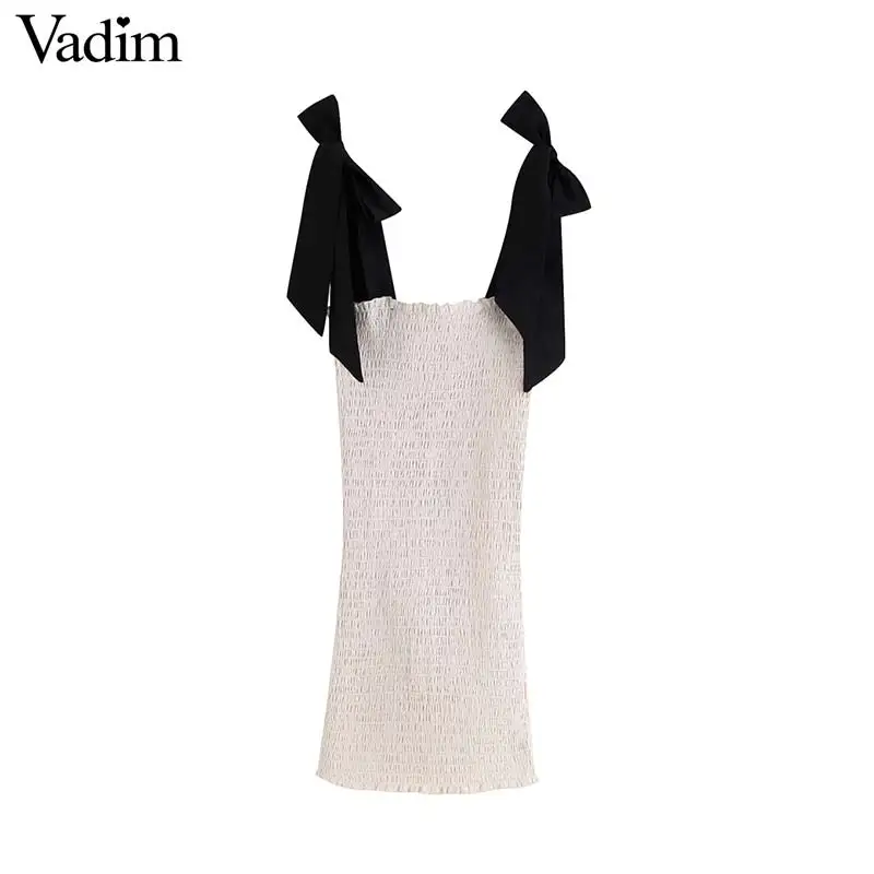 

Vadim women sexy sheath mini dress elastic pleated bow tie adjustable straps female casual slim chic dresses QC593